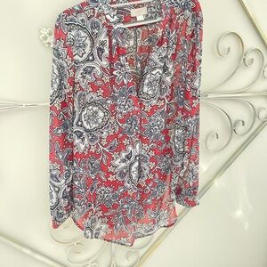 LOFT Red and Black Floral Blouse